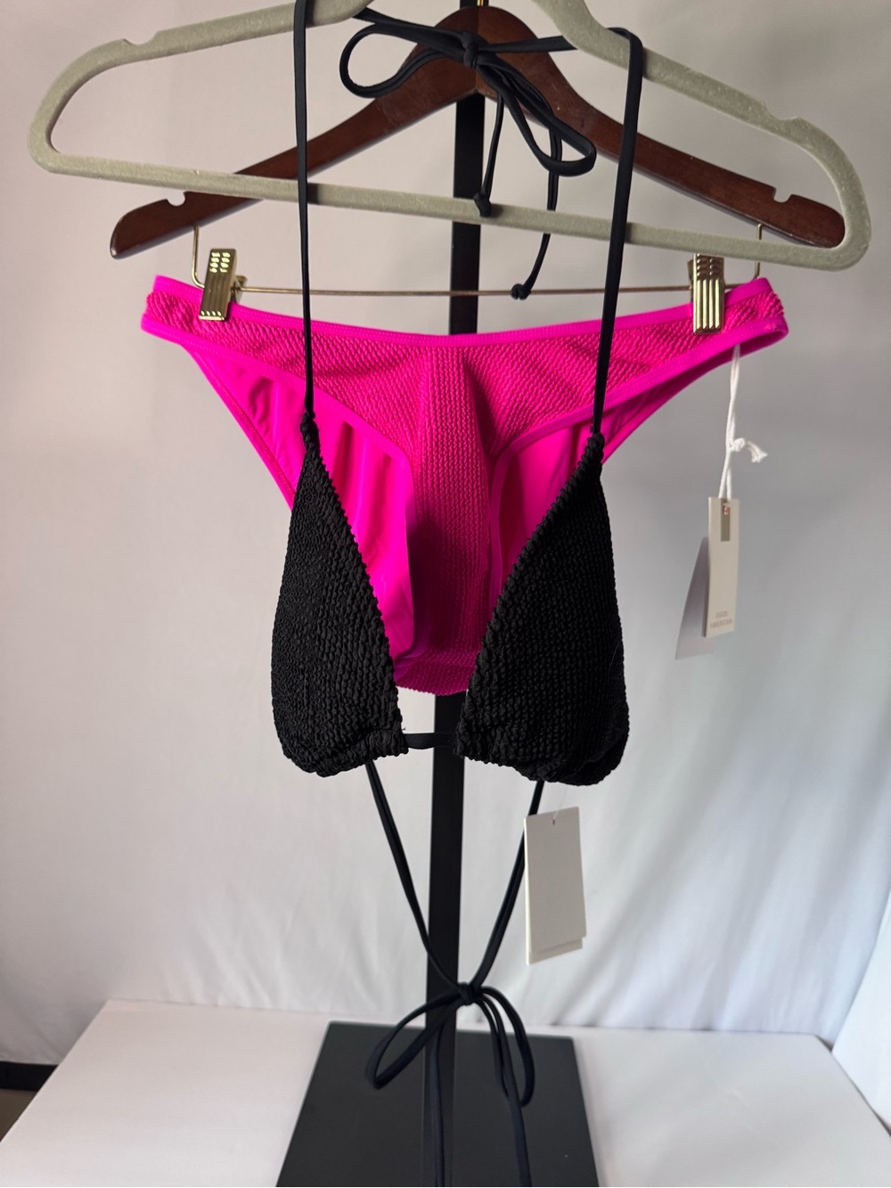 Good American Black Triangle Bikini Top with Hot Pink Bikini Bottom size L/XL
